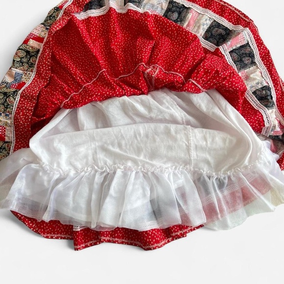 Vintage Red Floral Print Patchwork Western Prairie Square Dance Skirt - Picture 3 of 8